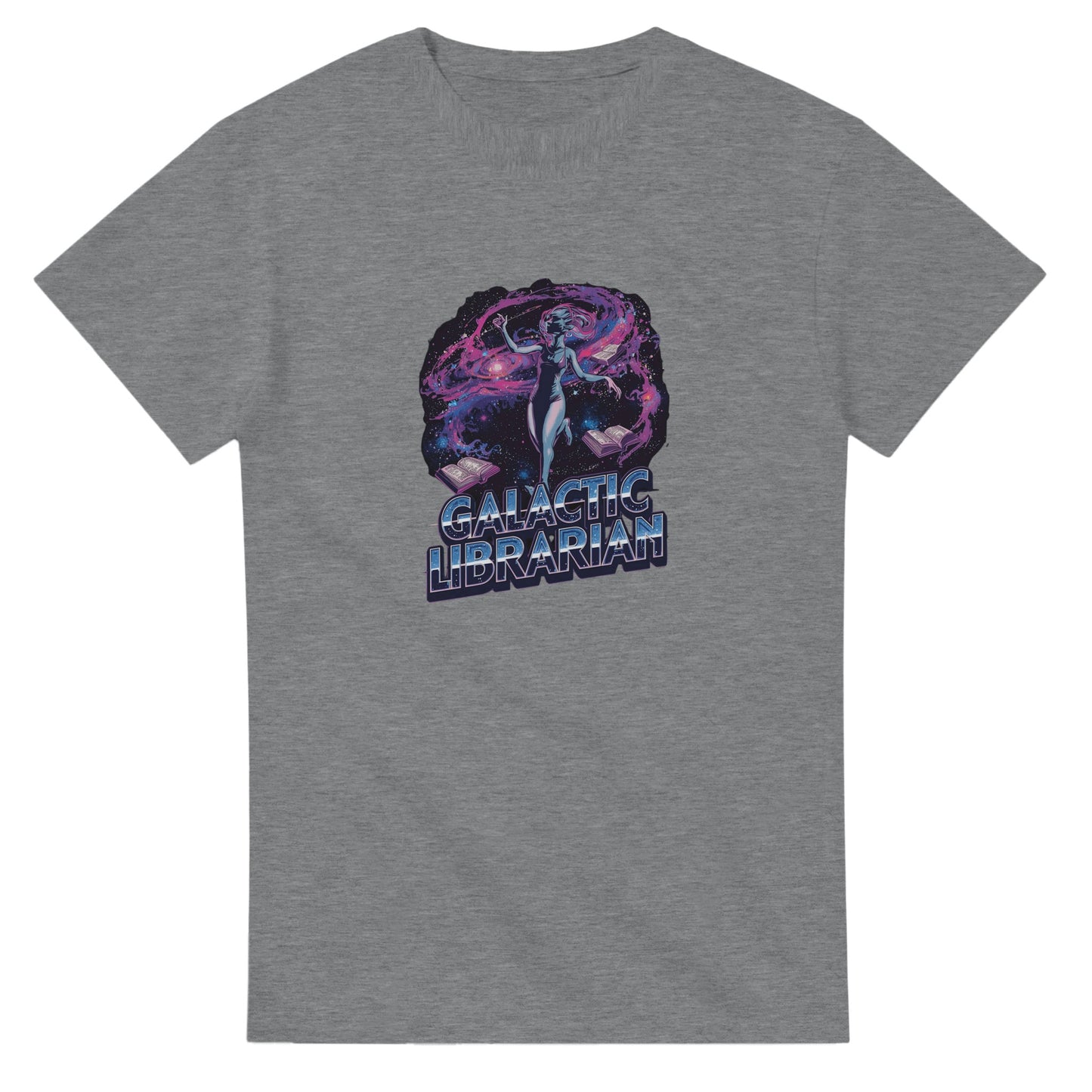 Woman wearing a red t-shirt with a graphic design, holding shopping bags in a mall.