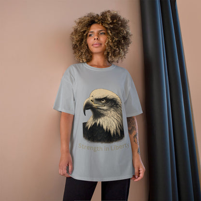 Engraved Eagle - Strength in Liberty - text on the bottom of a Champion Tee
