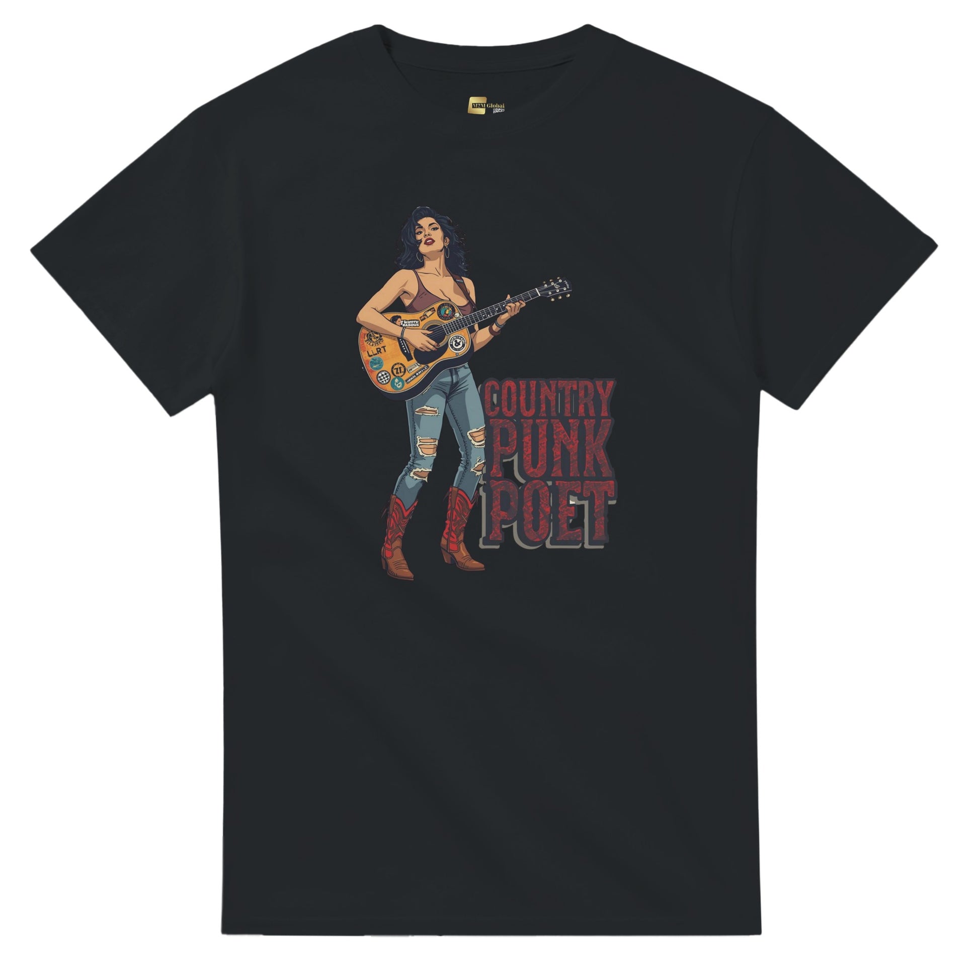 Woman wearing a red t-shirt with a graphic design, holding shopping bags in a mall.