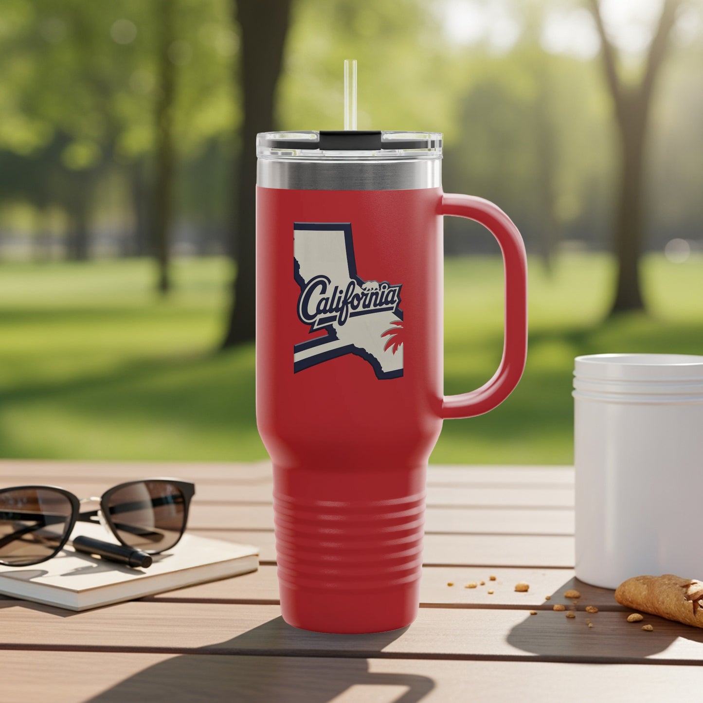 Travel tumbler with California map and cities illustration.