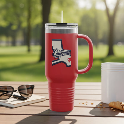 Travel tumbler with California map and cities illustration.