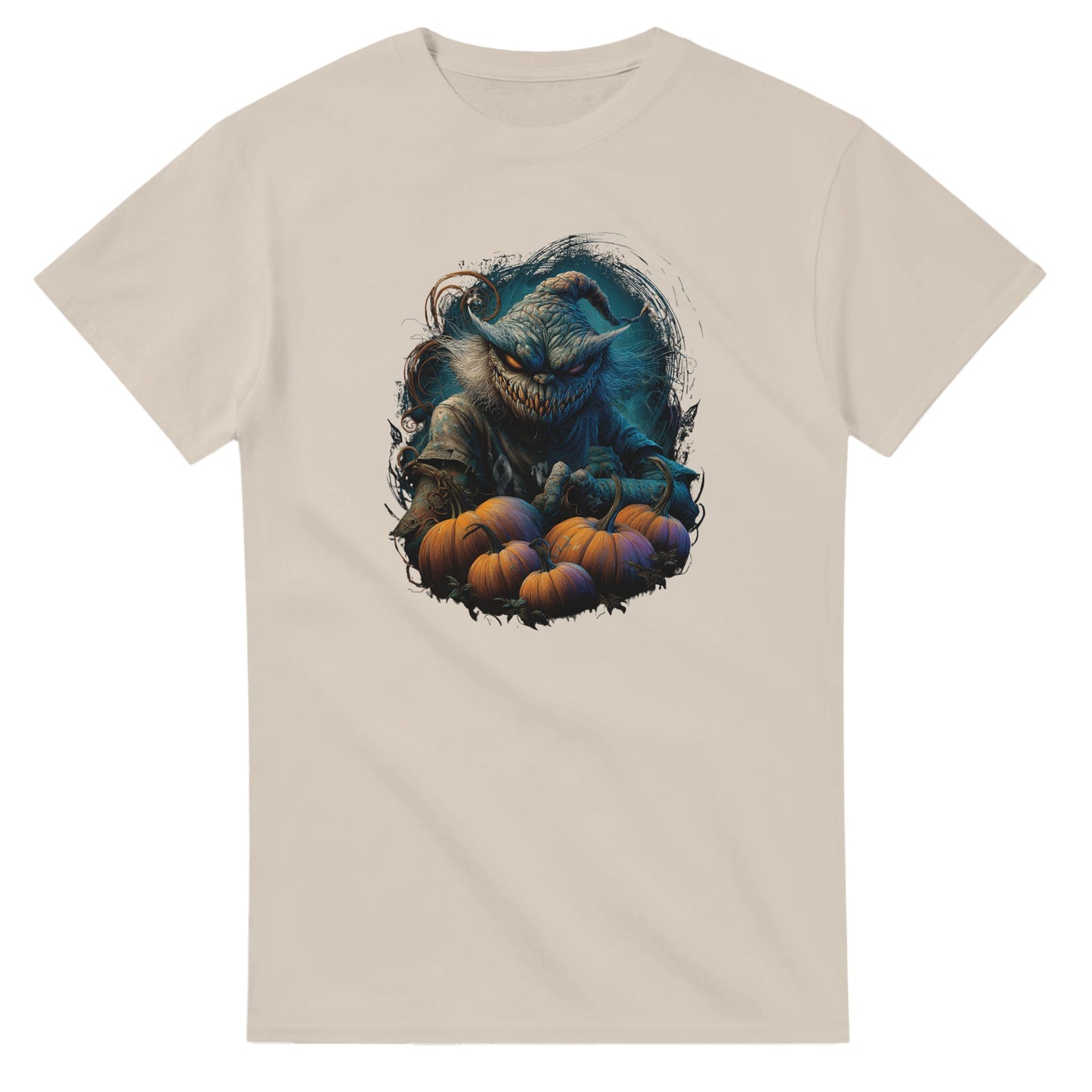 Spooky Scarecrow & Pumpkins on a Heavyweight T-shirt