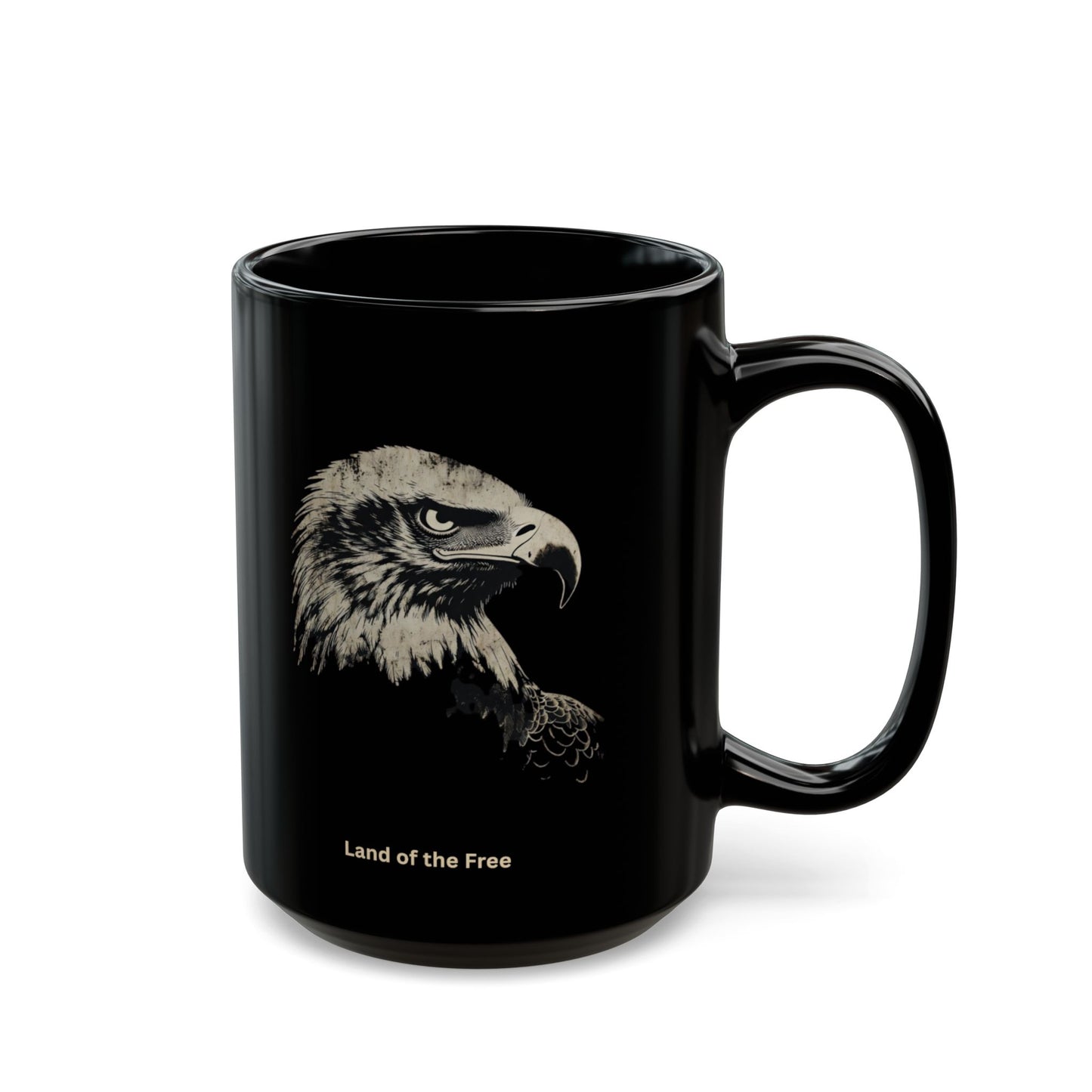 Black mug with eagle illustration and "Land of the Free" text.