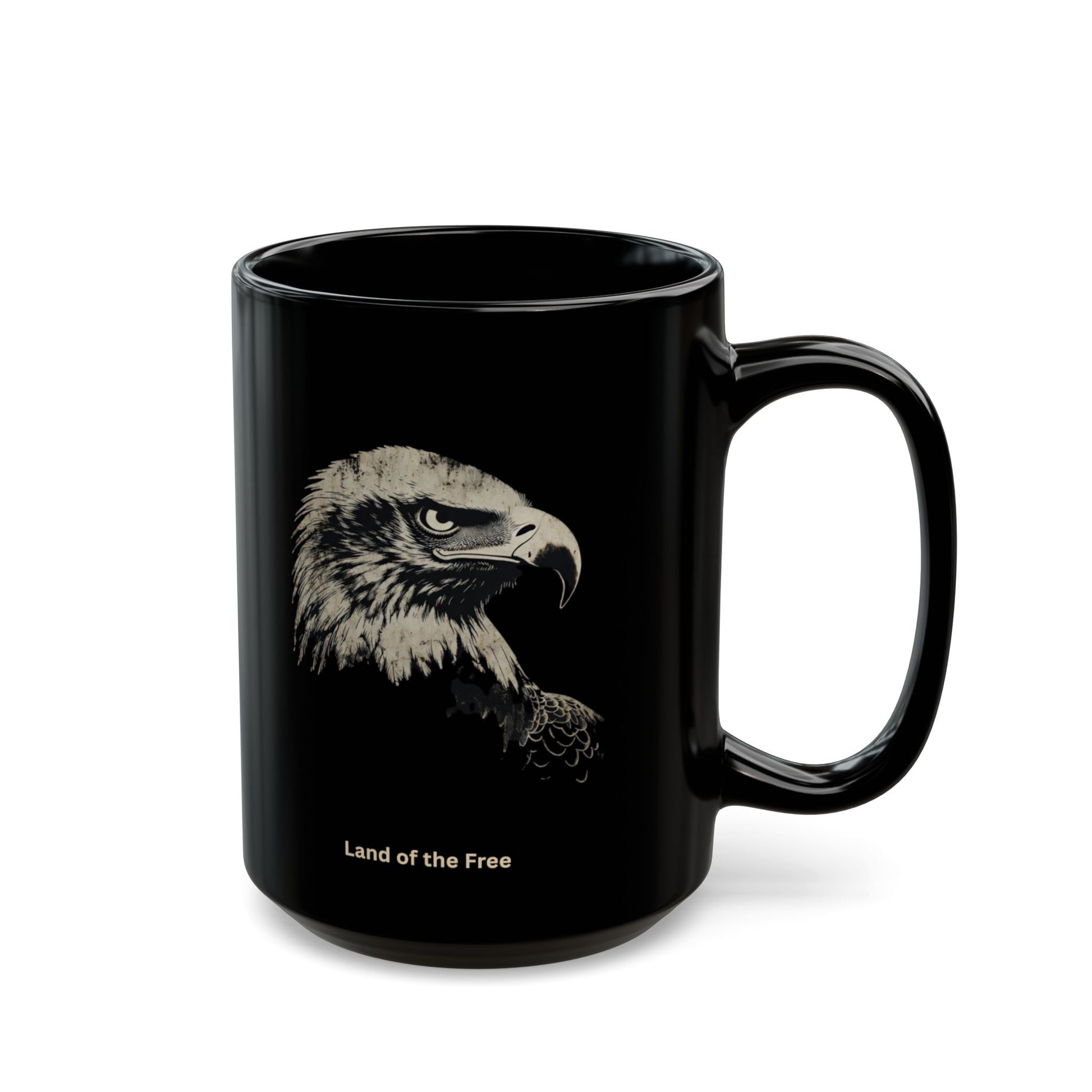 Black mug with eagle illustration and "Land of the Free" text.