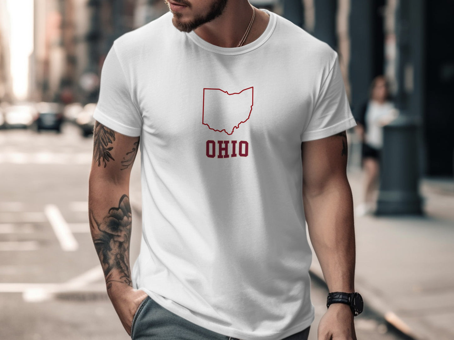 White t-shirt with red Ohio state outline and text.
