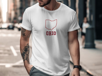 White t-shirt with red Ohio state outline and text.