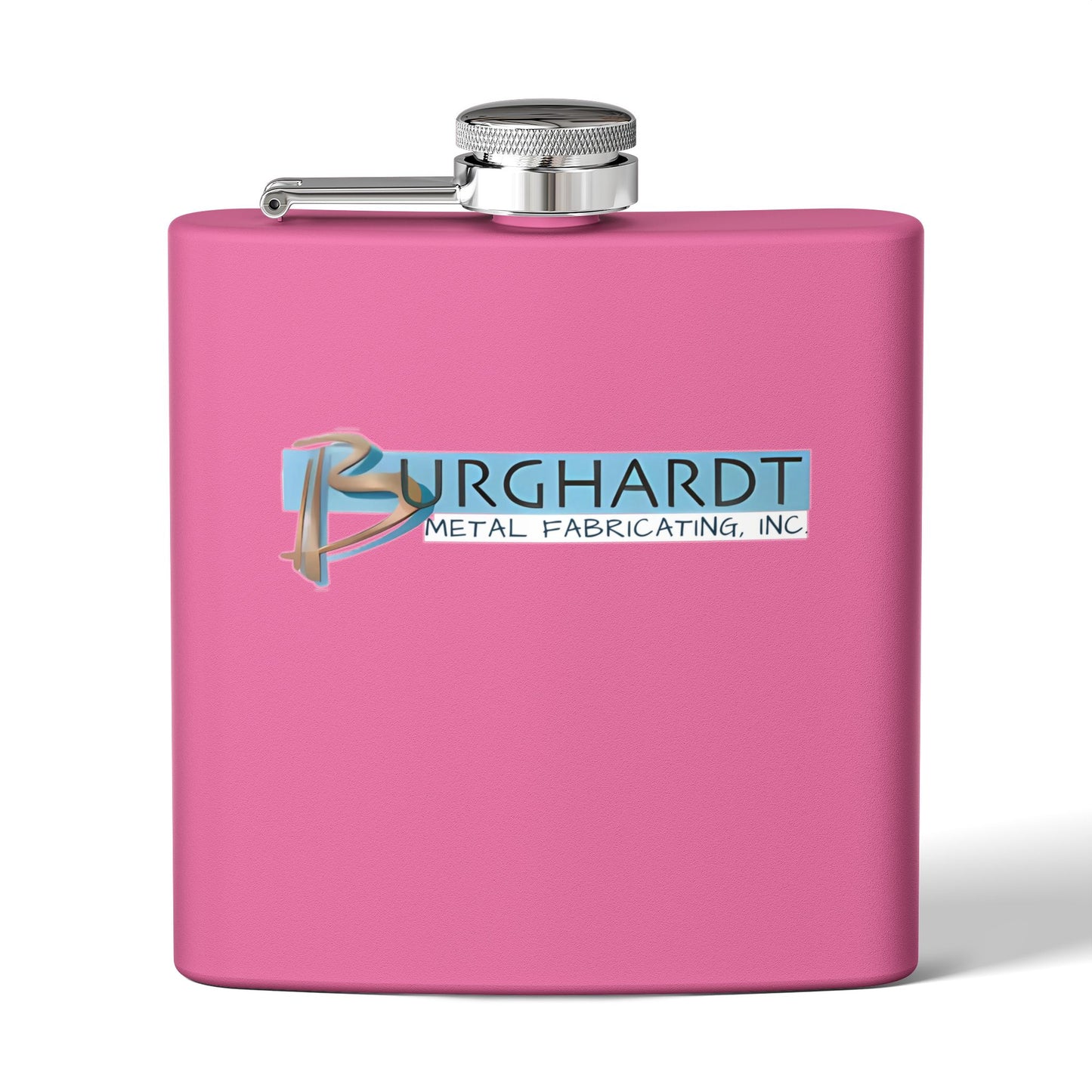 Burghardt Metal Fabricating, Inc., logo on a 6oz Stainless Steel Flask