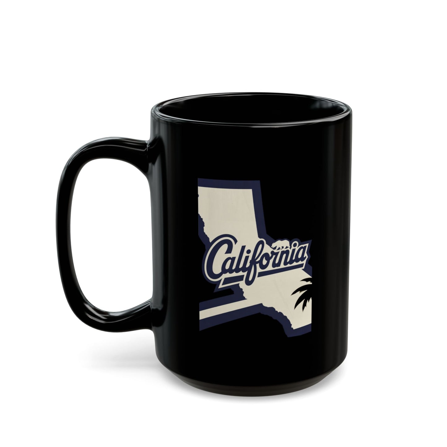 Black mug with "California" text and palm tree silhouette over state outline.