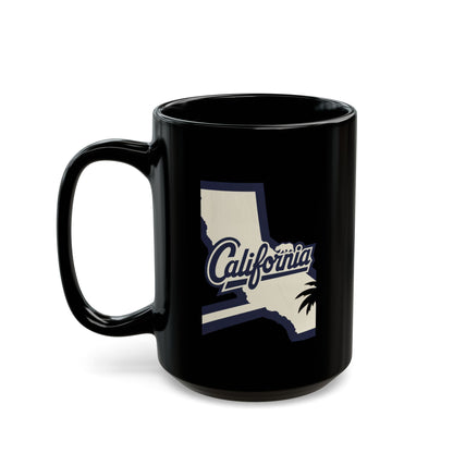 Black mug with "California" text and palm tree silhouette over state outline.
