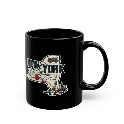 Black mug with a map of New York State featuring city names and landmarks.