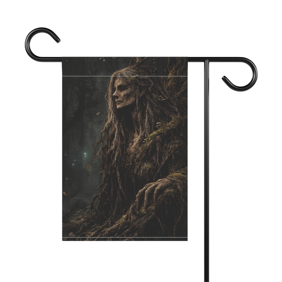 Fallen tree spirit with moss and roots, in a dark forest setting.
