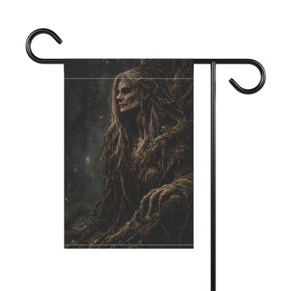 Fallen tree spirit with moss and roots, in a dark forest setting.