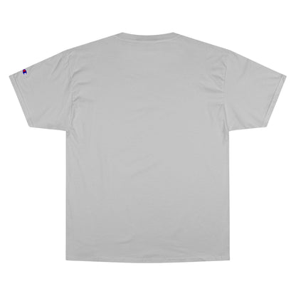 Land of the Free small font text below an eagle head on a Champion Tee
