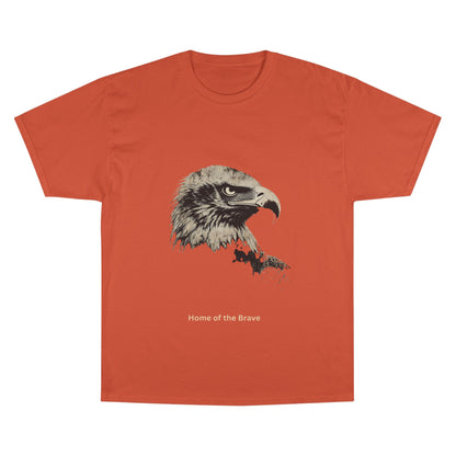 Home of the Brave small font text below an eagle head on a Champion Tee