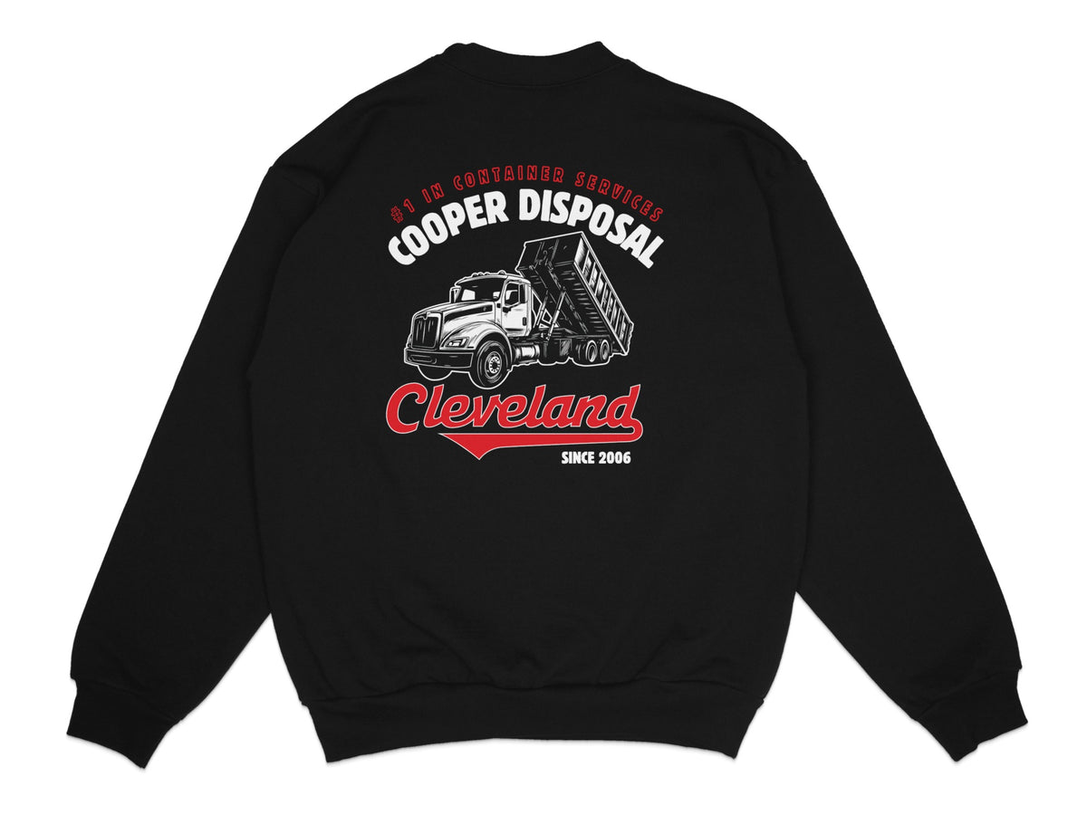 Black sweatshirt with Cooper Disposal truck graphic and text.