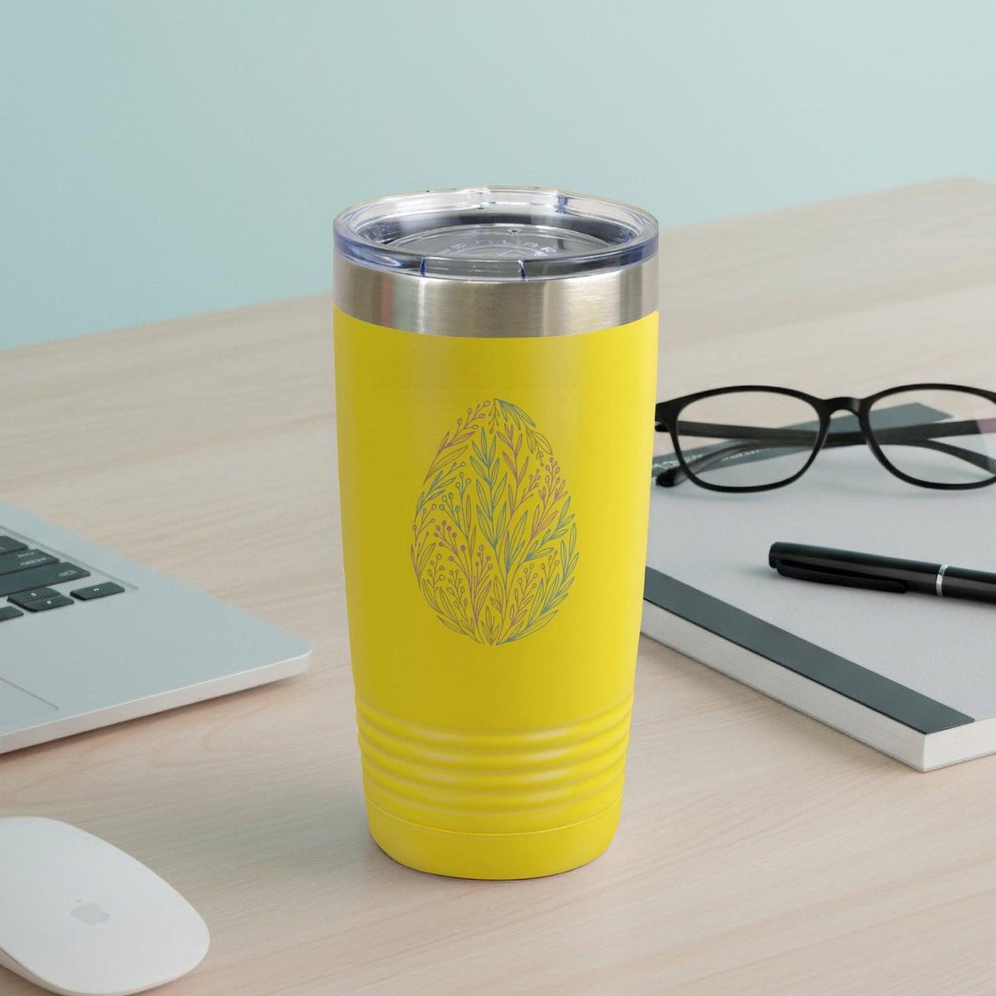 Yellow Insulated Tumbler with Botanical Leaf Design