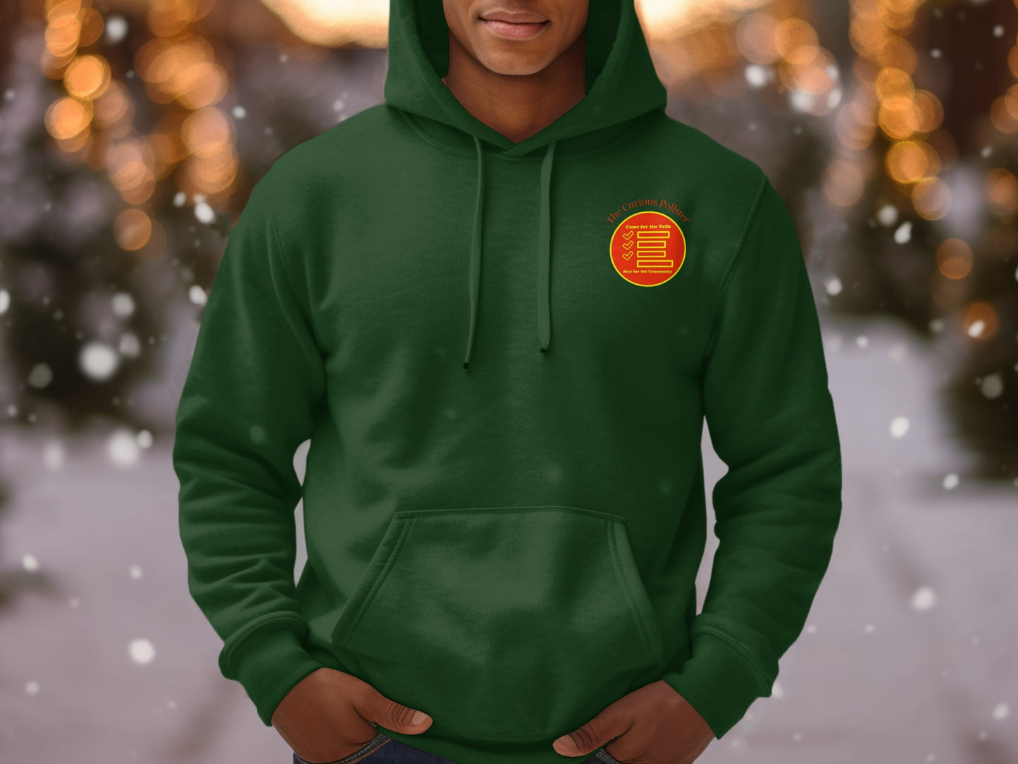 Green hoodie with red and yellow circular logo on chest.