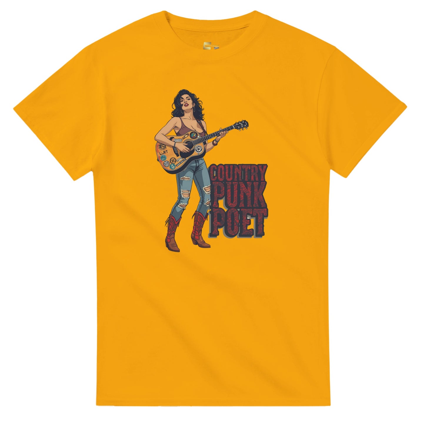 Woman wearing a red t-shirt with a graphic design, holding shopping bags in a mall.