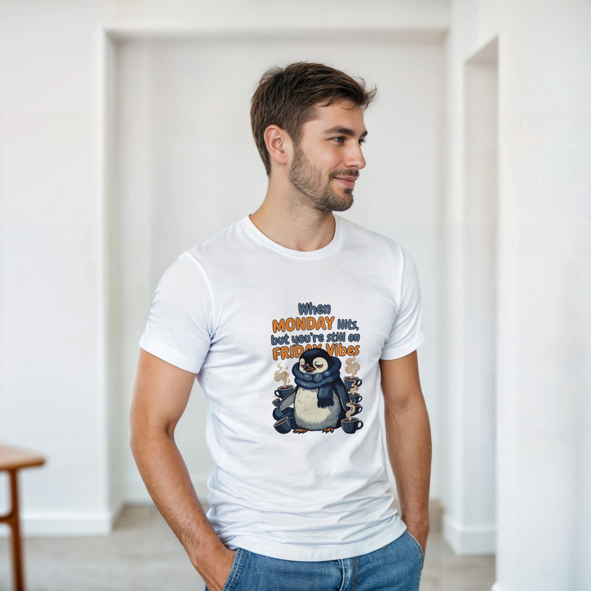 When MONDAY Hits, But You're Still On FRIDAY Vibes Penguin on a Heavyweight T on a shirt