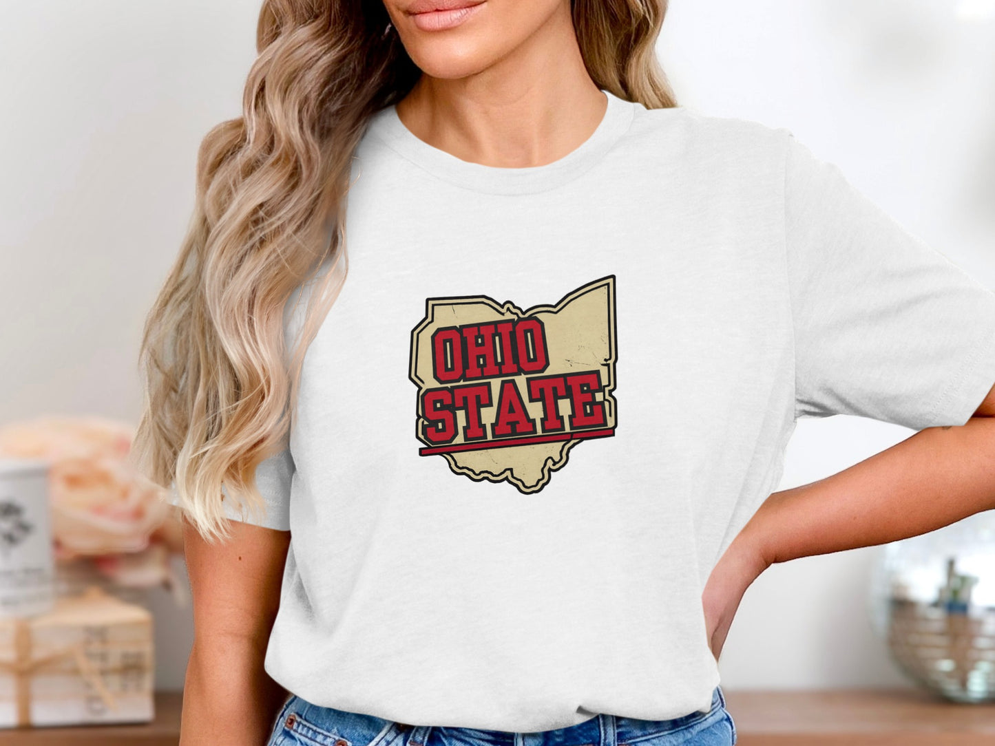 Ohio State logo on a white t-shirt.