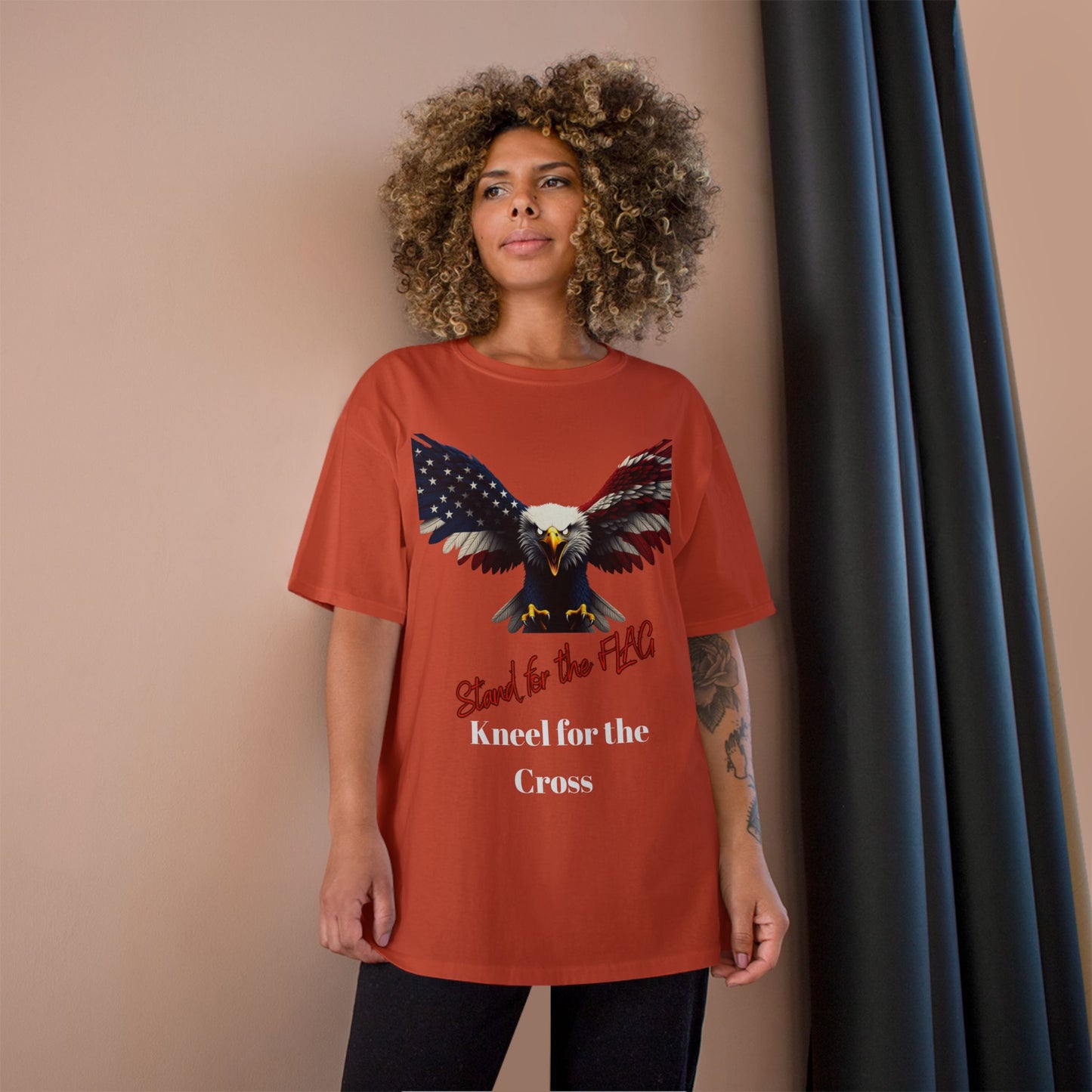 Stand For The Flag Kneel For The Cross Patriotic Eagle on a Champion T-shirt