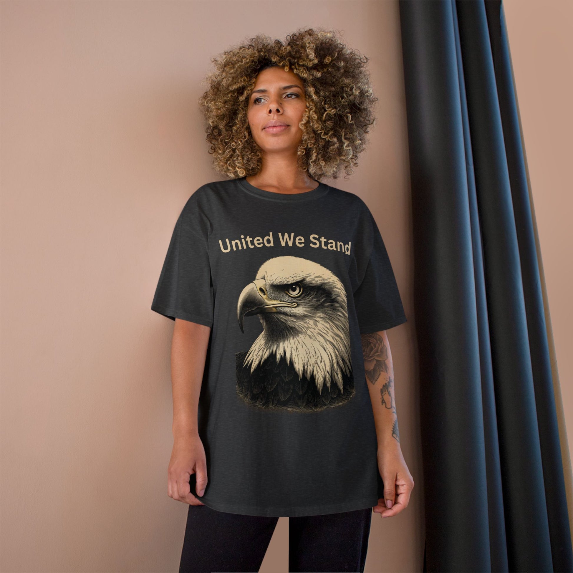 Engraved Eagle - United We Stand - text on the top of a Champion Tee
