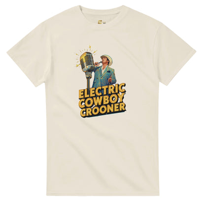 Person wearing a blue t-shirt with 'Electric Cowboy Crooner' design in a mall setting