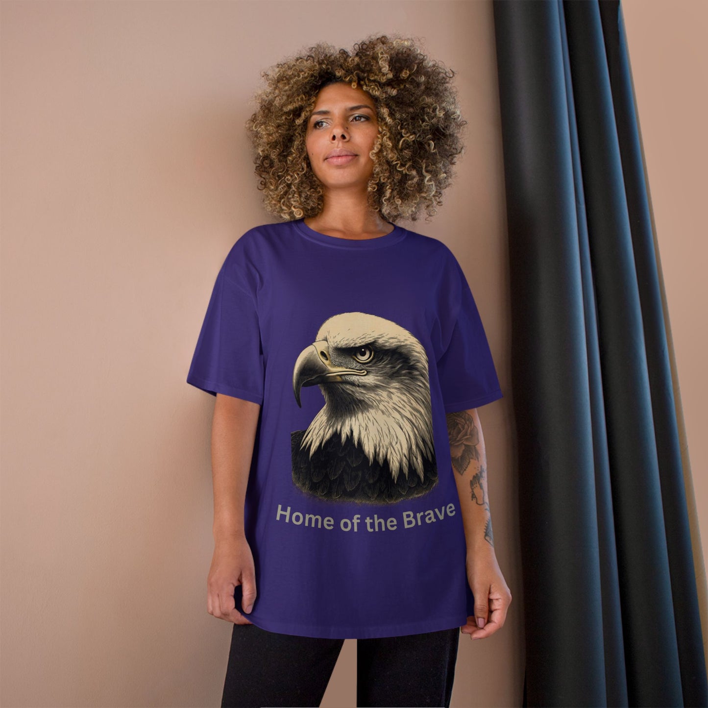 Engraved Eagle - Home of the Brave - text on the bottom of a Champion Tee