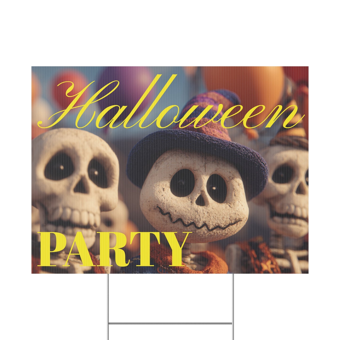 Halloween-themed party sign with cartoon characters on a grassy lawn