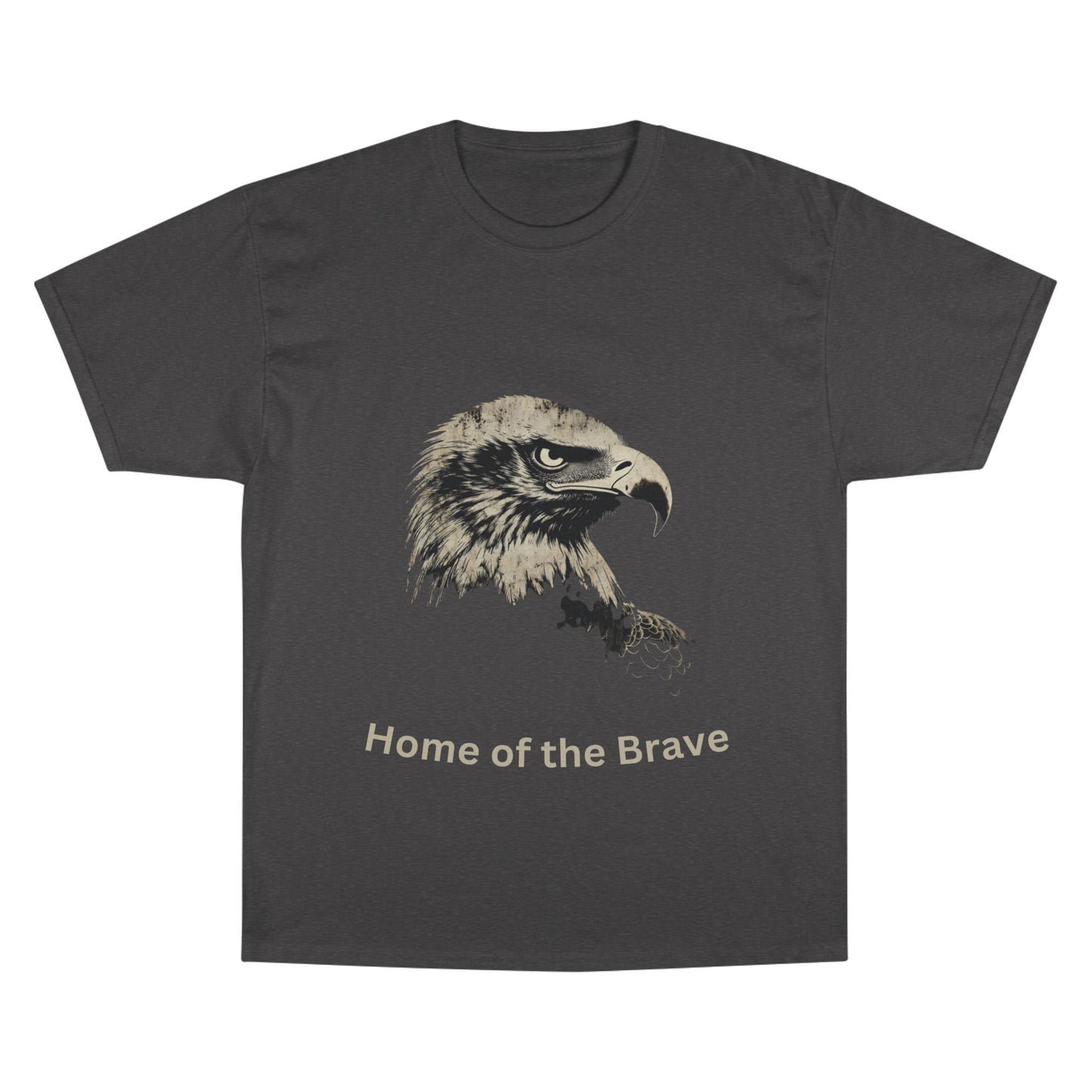 Home of the Brave text below an eagle head on a Champion Tee
