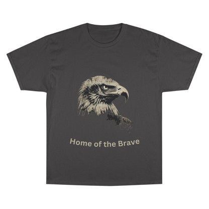 Home of the Brave text below an eagle head on a Champion Tee