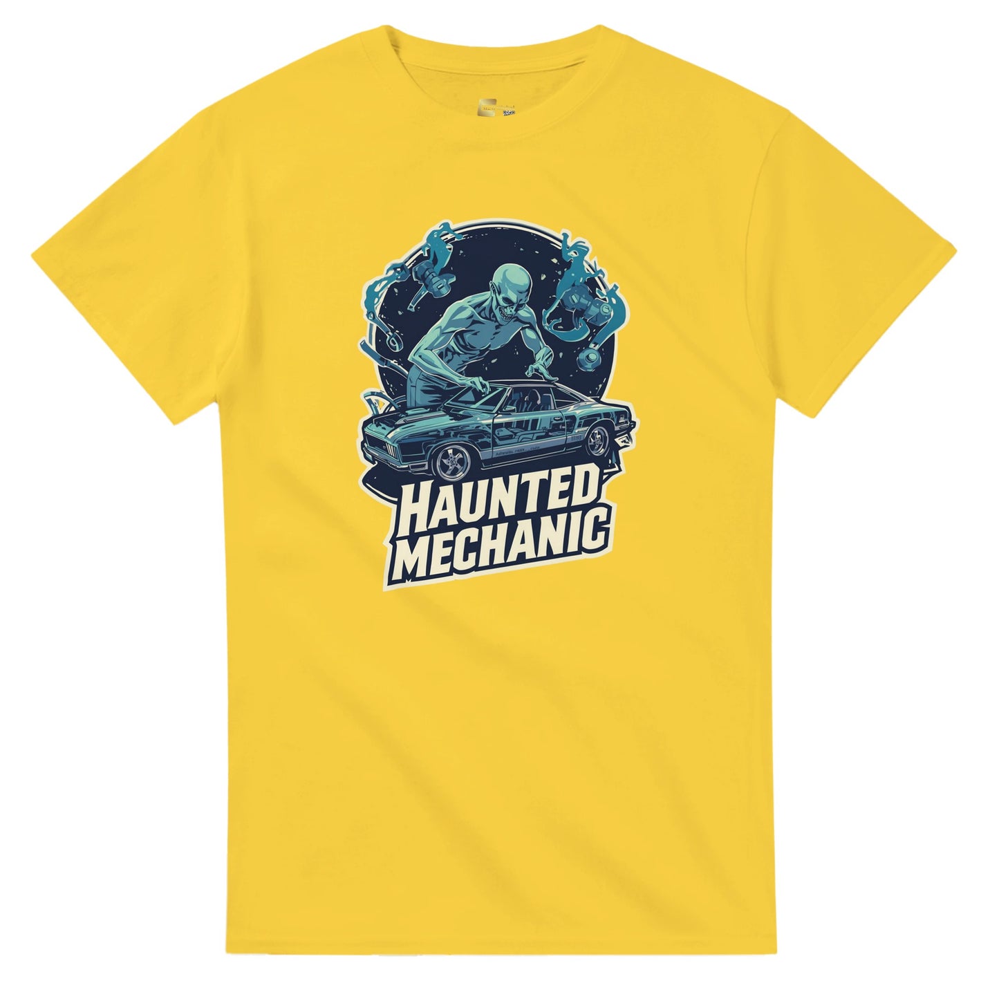 Haunted Mechanic graphic design on a Heavyweight T-shirt