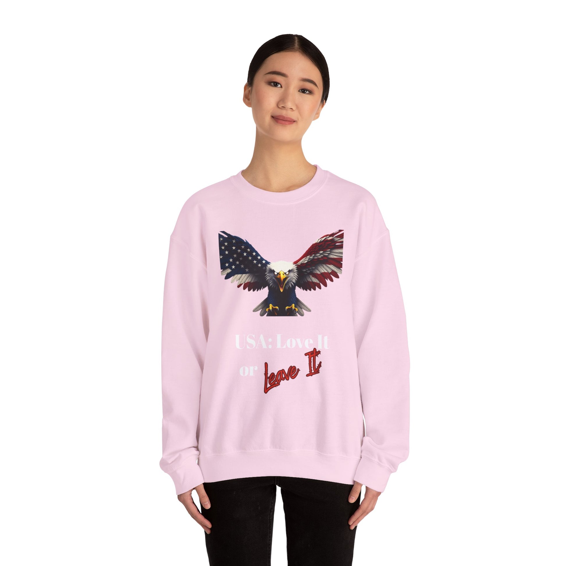 USA Love It Or Leave It Patriotic Eagle text on a Crewneck Sweatshirt