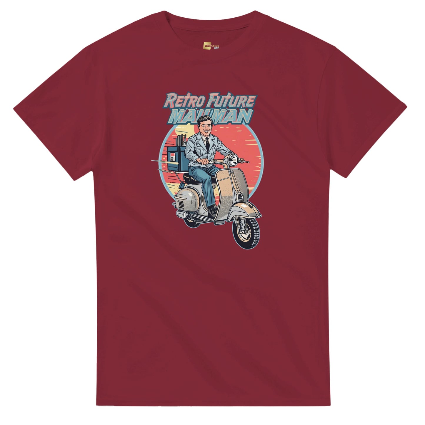 Man wearing a t-shirt with a retro design of a man on a scooter.