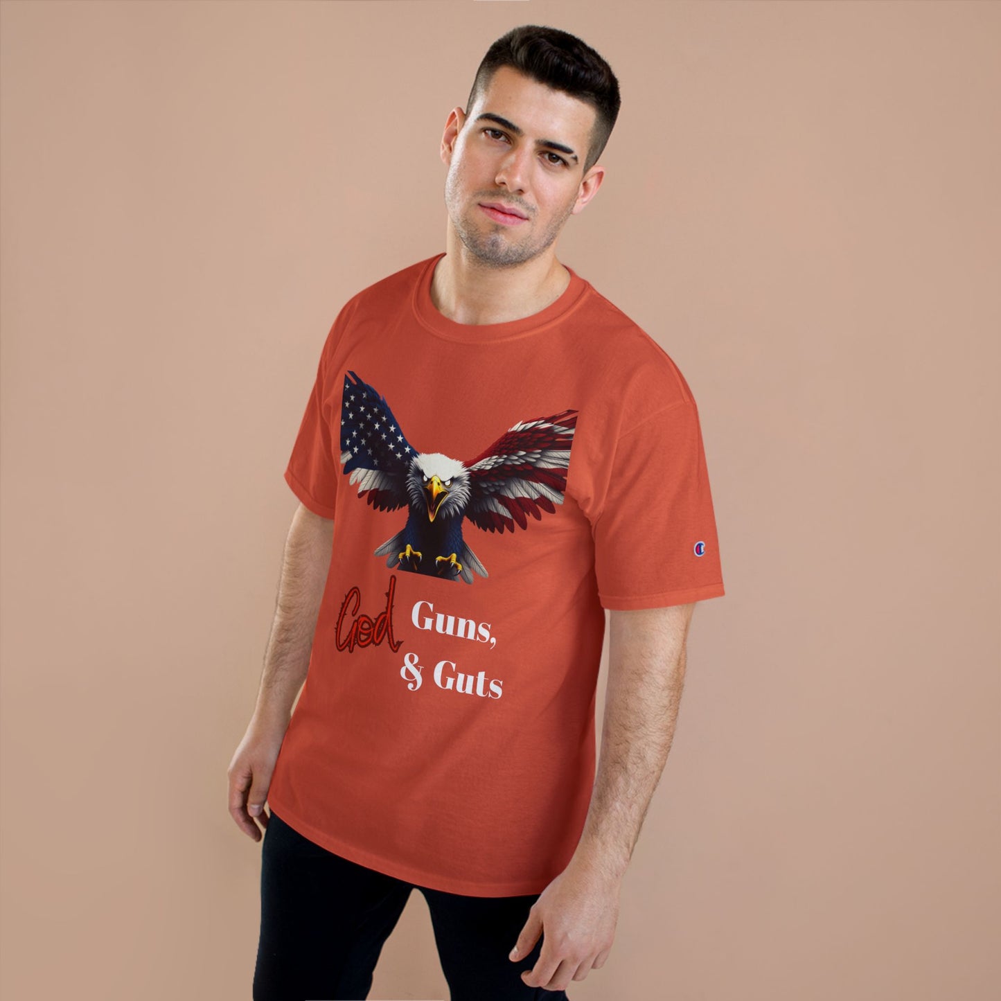 God Guns & Guts Patriotic Eagle on a Champion T-shirt