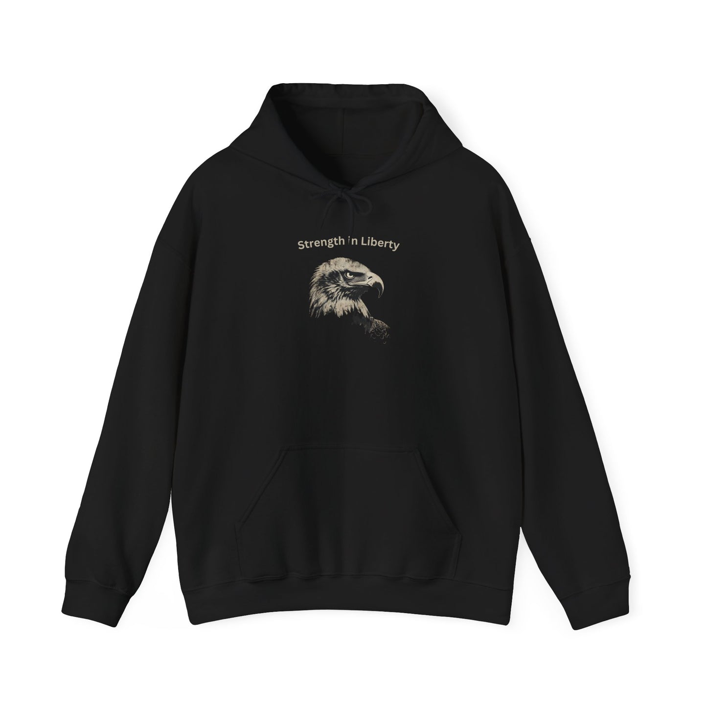 Strength in Liberty text above an eagle head on a Pullover Hoodie
