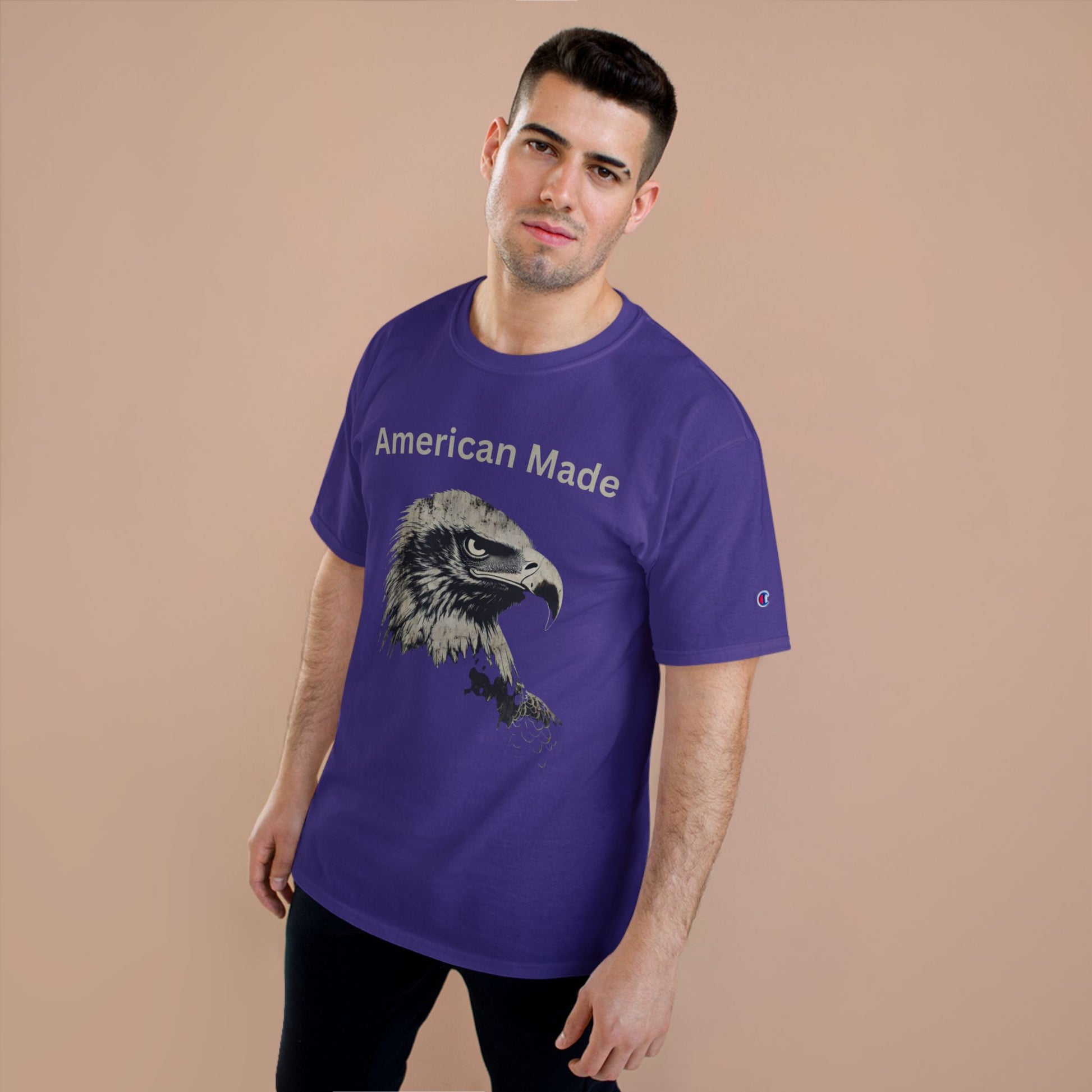 American Made text above an eagle head on a Champion Tee