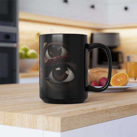 Black mug with a cat eye design on a kitchen counter