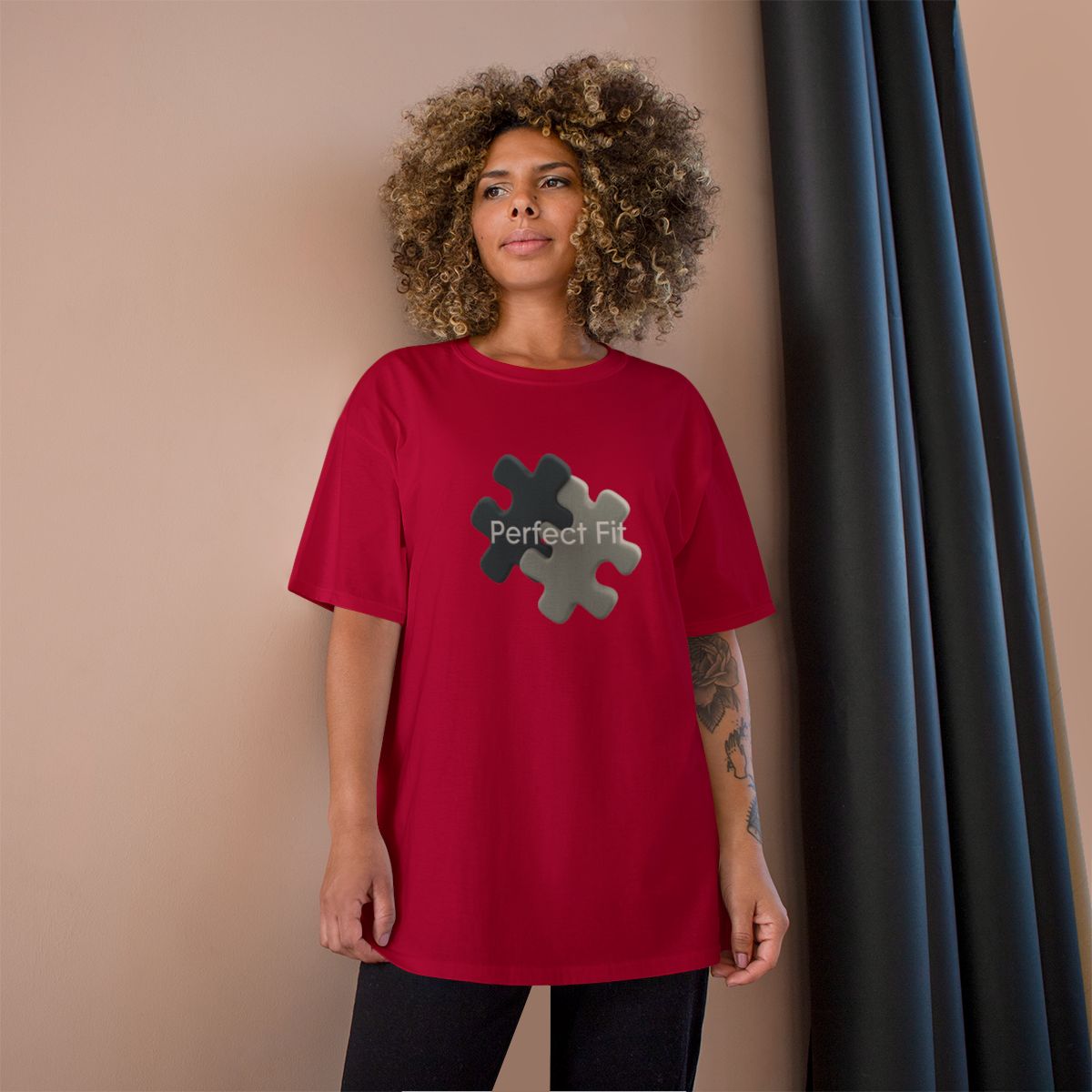 Perfect Fit Puzzle Graphic Red Short Sleeve Casual Top