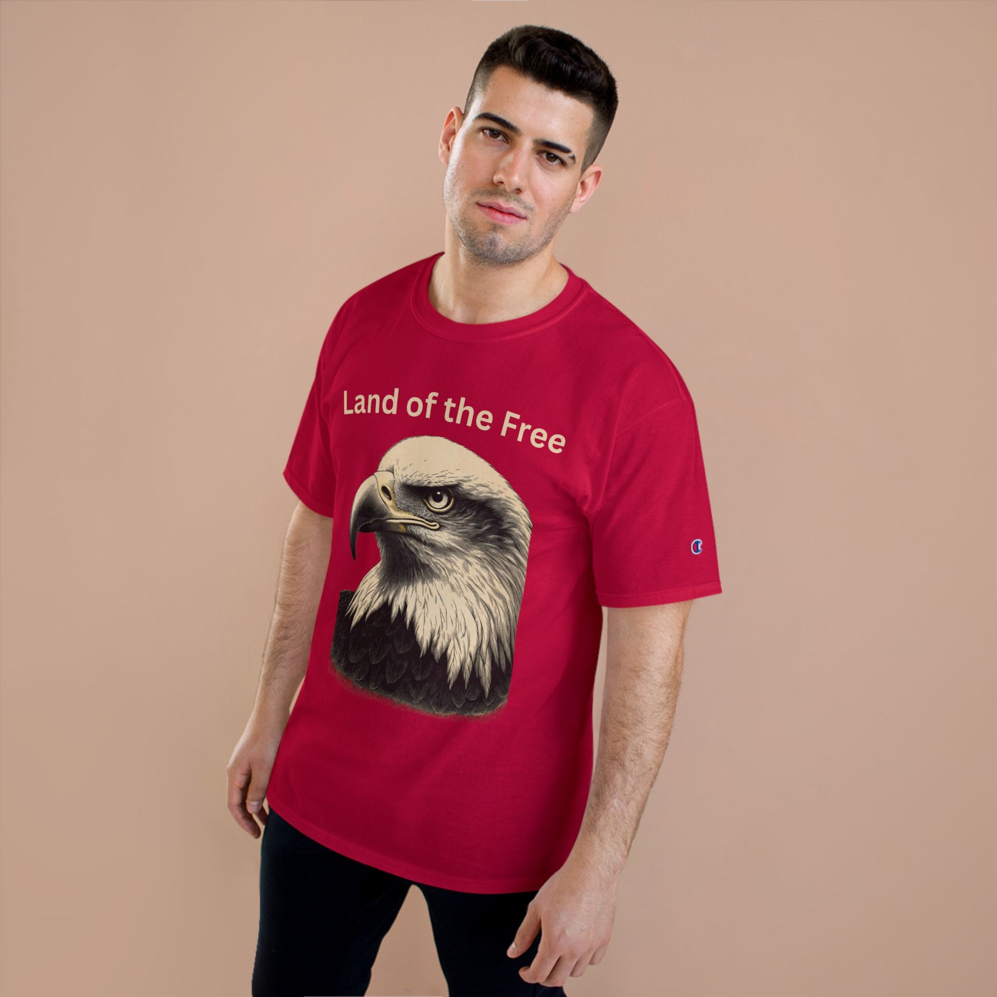 Engraved Eagle - Land of the Free - text on the top of a Champion Tee