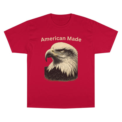 Engraved Eagle - American Made - text on the top of a Champion Tee