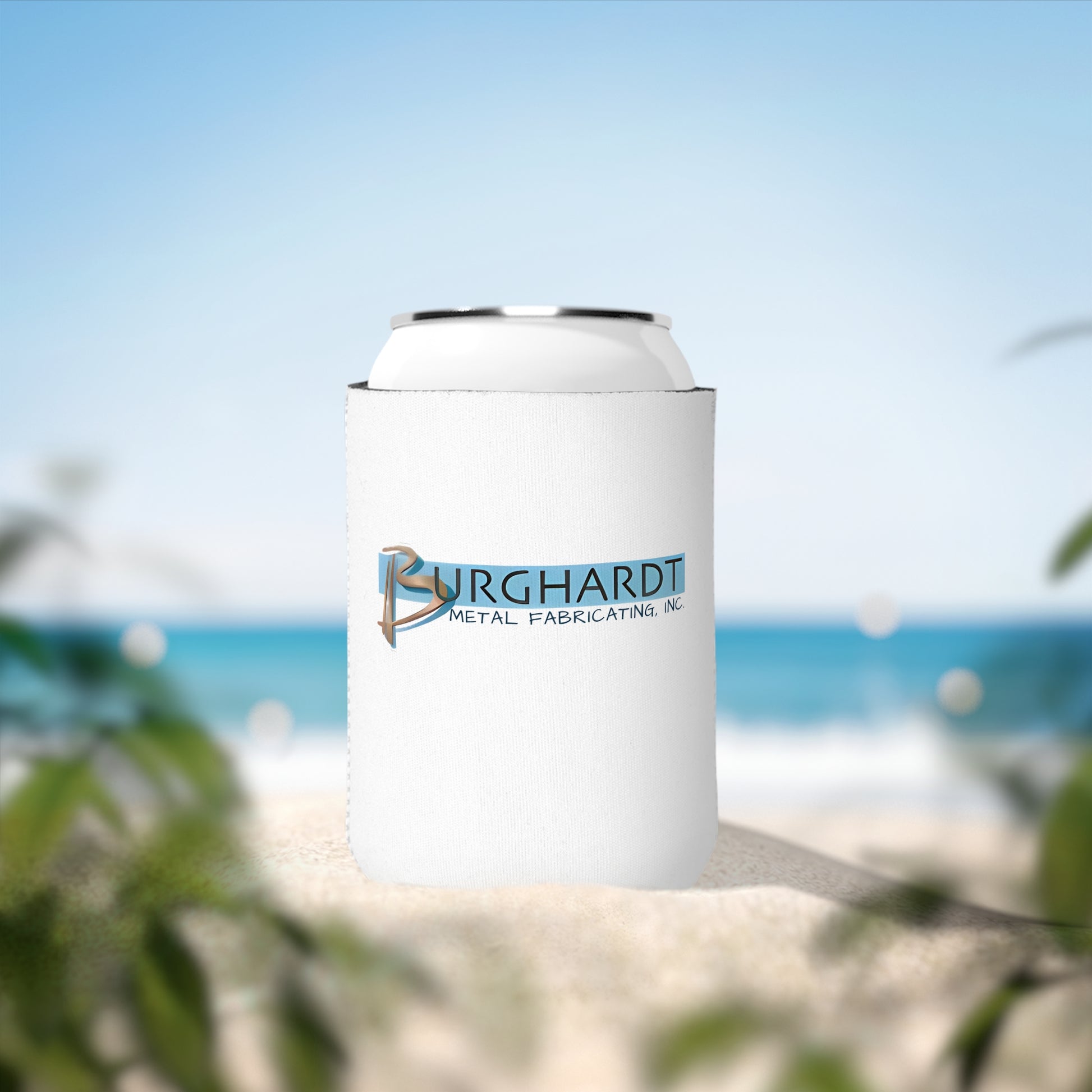 Burghardt Metal Fabricating, Inc., logo on a Can Cooler Sleeve