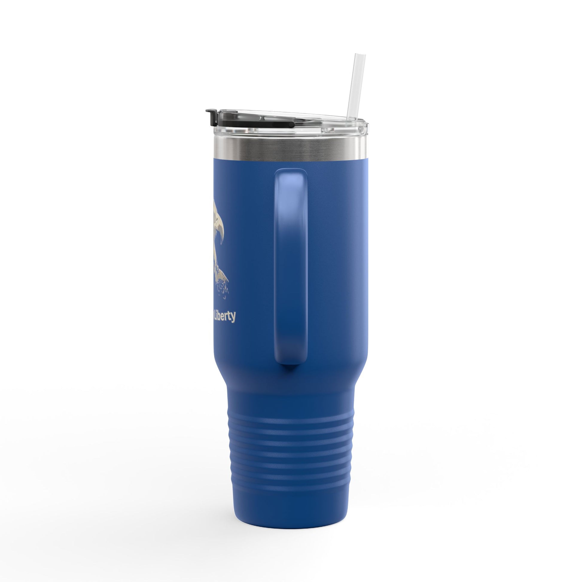 Strength in Liberty text on the bottom of a  40oz Insulated Travel Mug