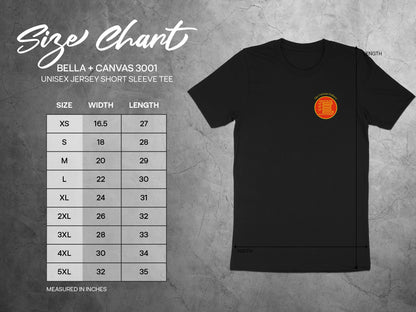 Bella + Canvas 3001 size chart for unisex jersey t-shirts.