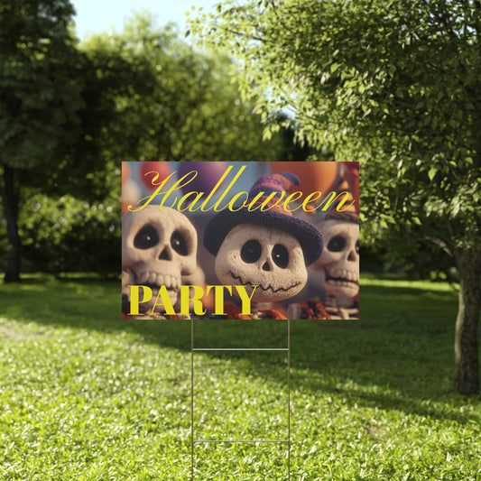 Halloween-themed party sign with cartoon characters on a grassy lawn