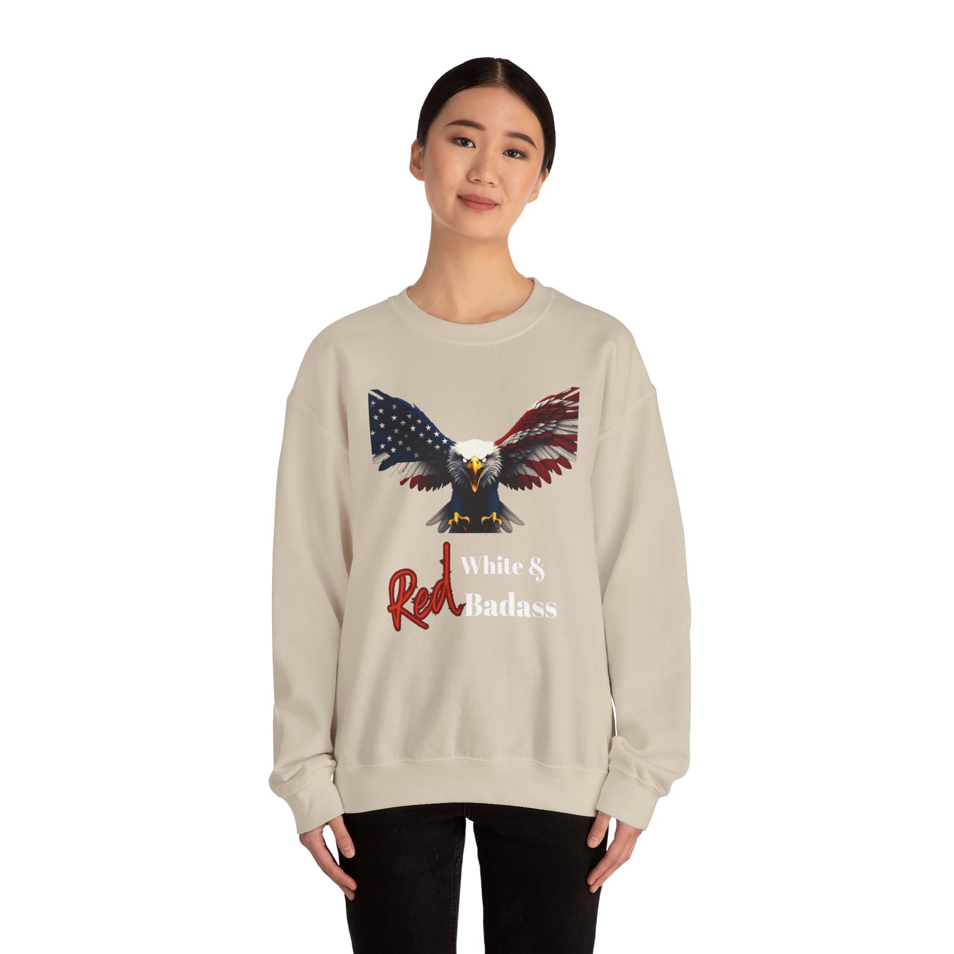 Red White & Badass Patriotic Eagle text on a Crewneck Sweatshirt