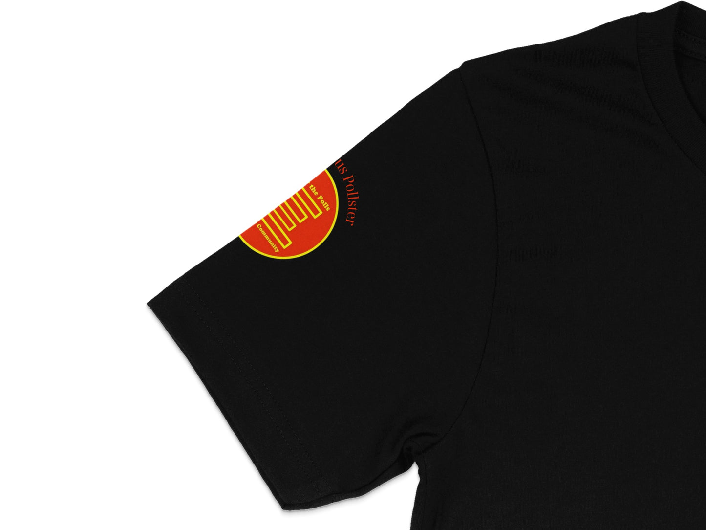 Black t-shirt with red and yellow "Polisker" logo on left sleeve.