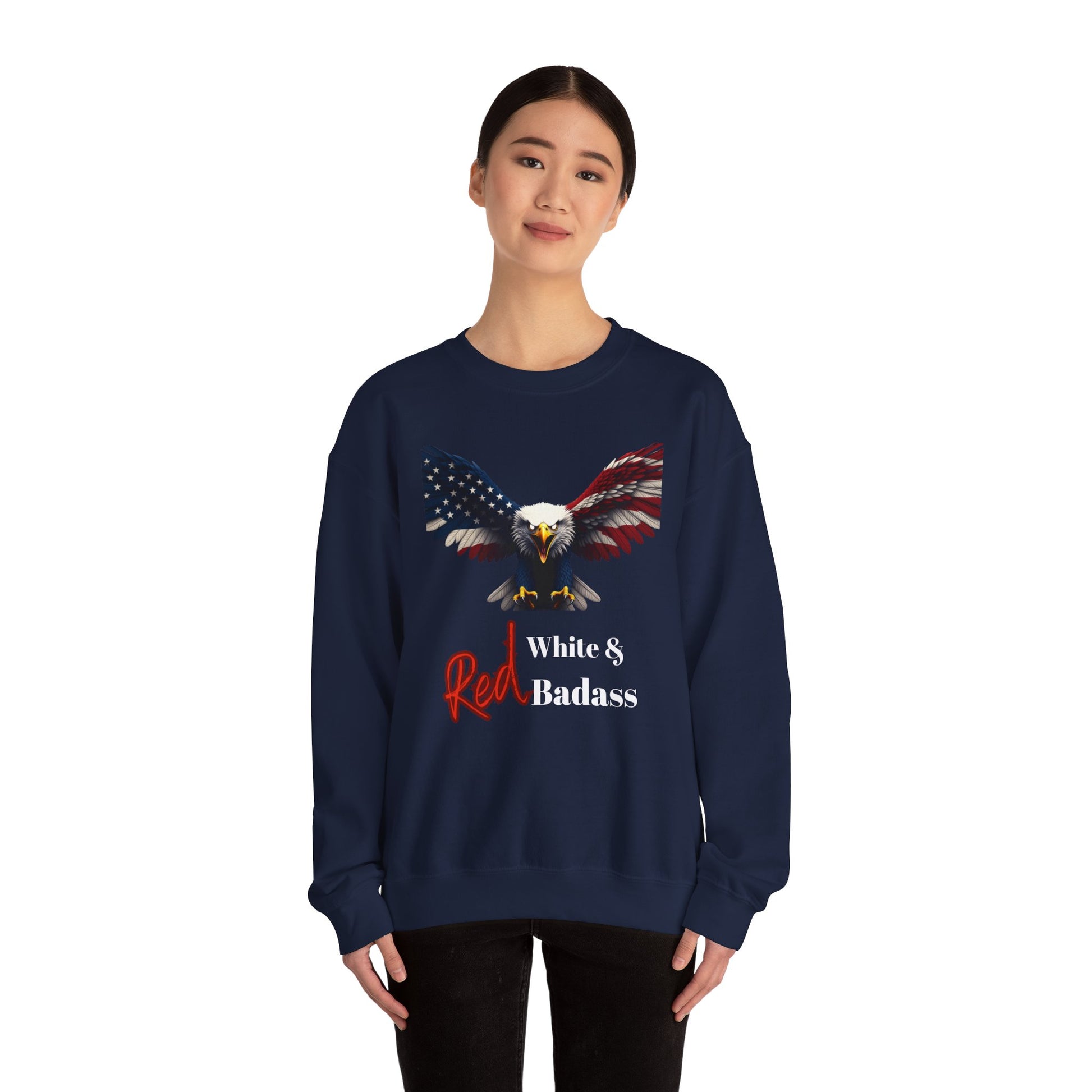 Red White & Badass Patriotic Eagle text on a Crewneck Sweatshirt