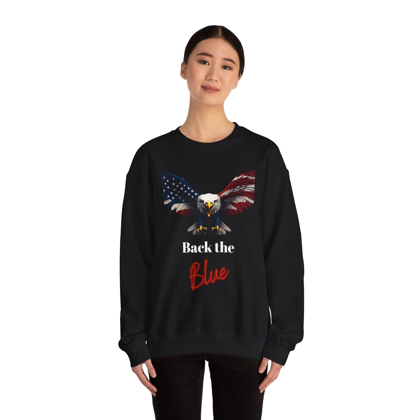 Back The Blue Patriotic Eagle text on a Crewneck Sweatshirt