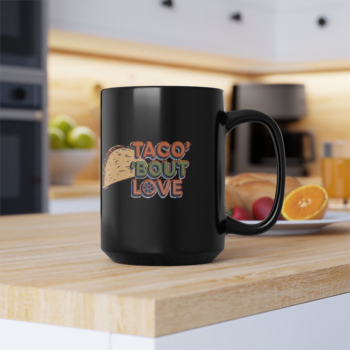 Taco 'Bout Love phrase with a Vintage & Retro design on an 11/15oz Black Mug